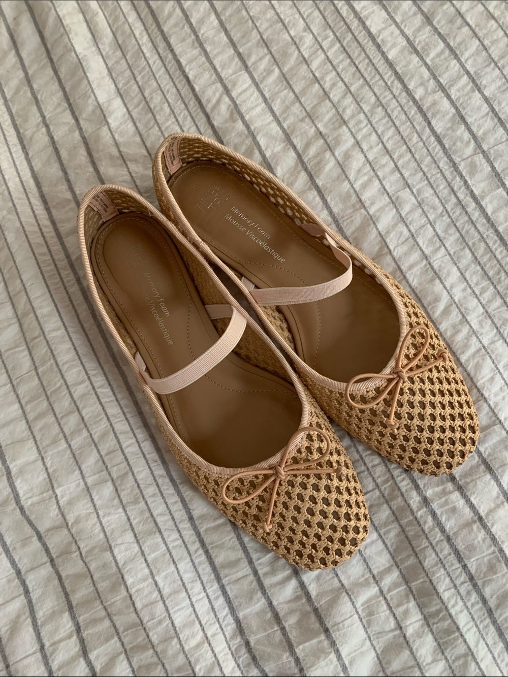 Woven Mesh Ballet Flats with Mary Jane Strap - Nude/Tan